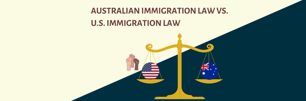 illustration of the scale of justice with the australian and american flags on each side, australian vs. american immigration: a comparative guide